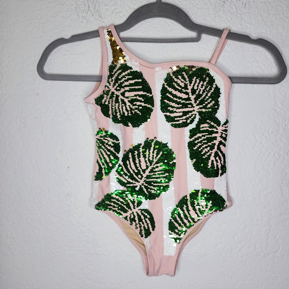 Shade Critters One Piece Magic Flip Sequin Pink Striped Palm Swimsuit Sz 5T